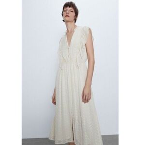 Zara Cream Ruffled Maxi Front Slip Cinched Waist V-Neck Coastal Dress Size Large